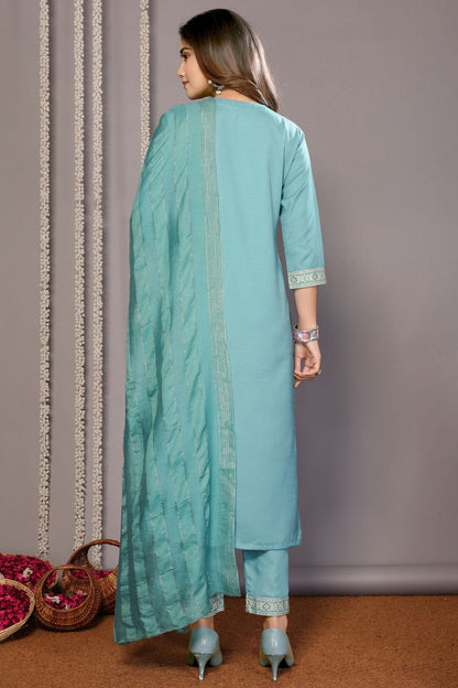 Sky Blue Colour Cotton Blend Stitched Suit VSSS1112299