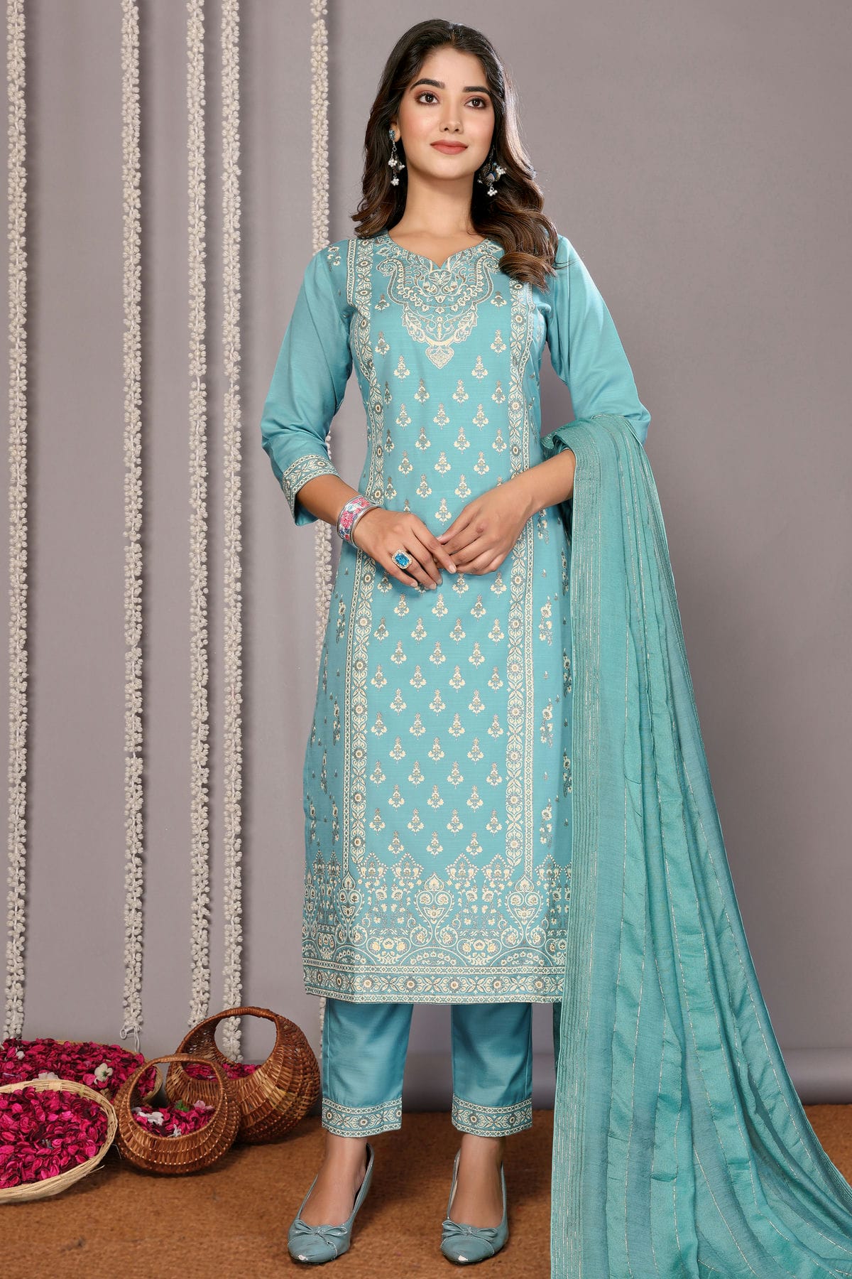 Sky Blue Colour Cotton Blend Stitched Suit