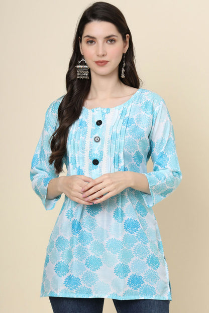 Sky Blue Colour Cotton Printed Work Readymade Top