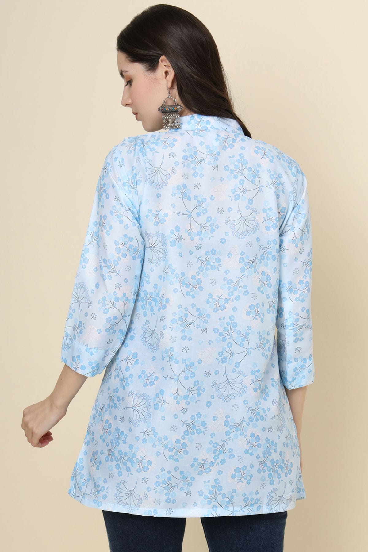 Sky Blue Colour Cotton Printed Work Readymade Top