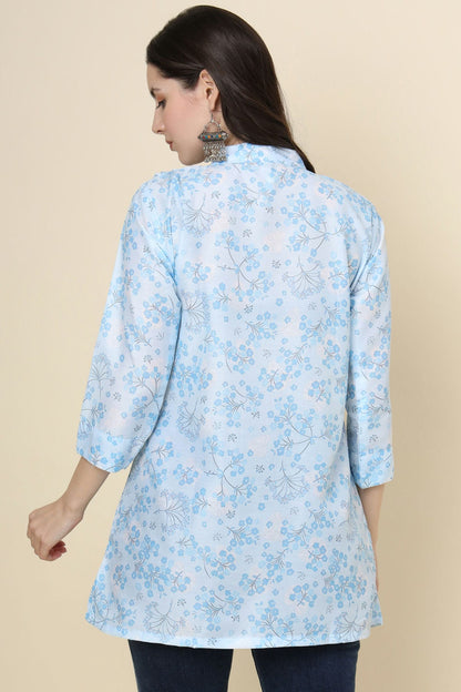 Sky Blue Colour Cotton Printed Work Readymade Top