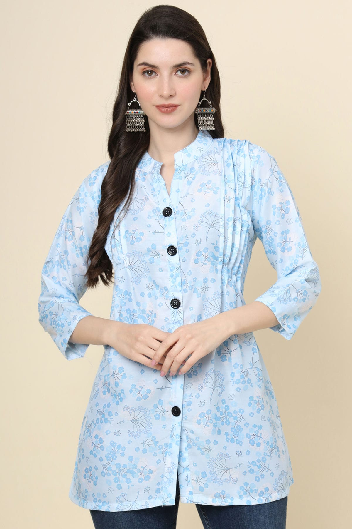 Sky Blue Colour Cotton Printed Work Readymade Top