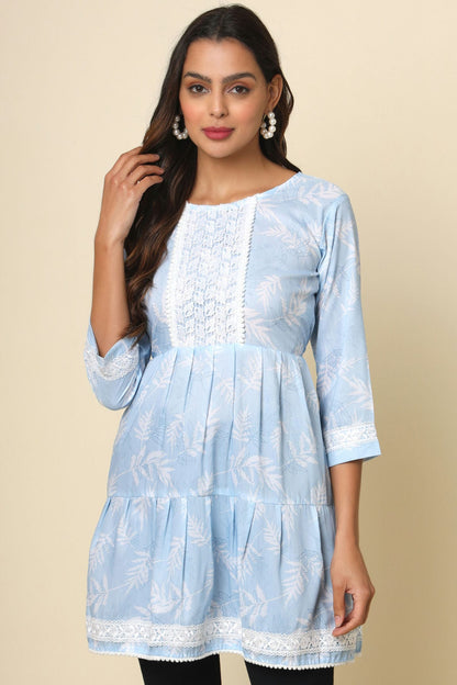 Sky Blue Colour Cotton Printed,Lace Work Work Readymade Top