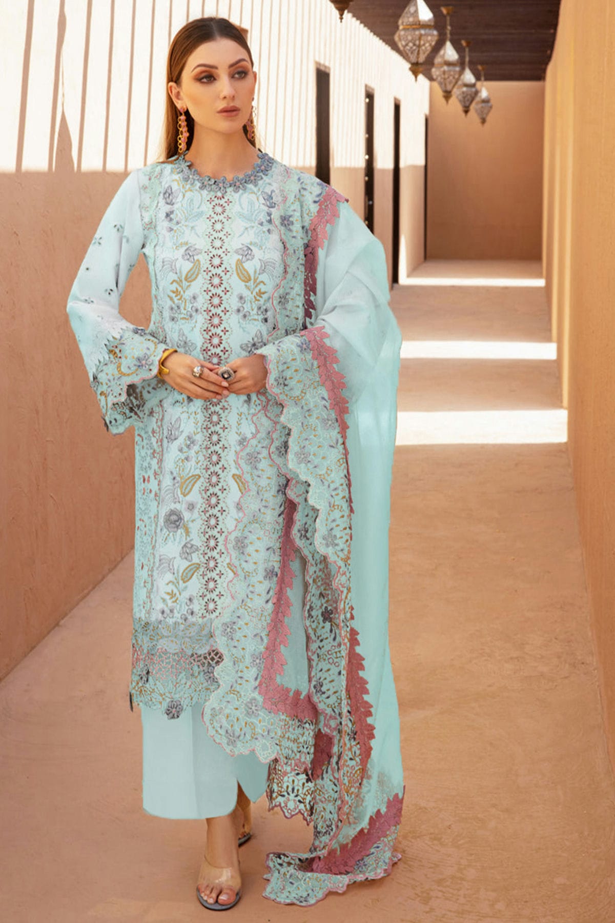 Sky Blue Colour Cotton Semi Stitched Pakistani Suit