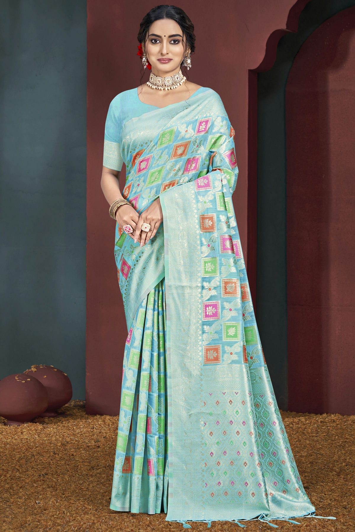 Sky Blue Colour Cotton Traditional Saree