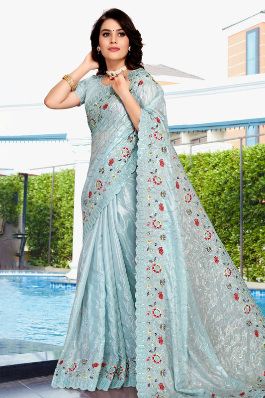 Sky Blue Colour Crepe Silk Designer Saree