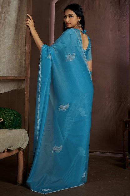 Sky Blue Colour Crush Silk Designer Saree