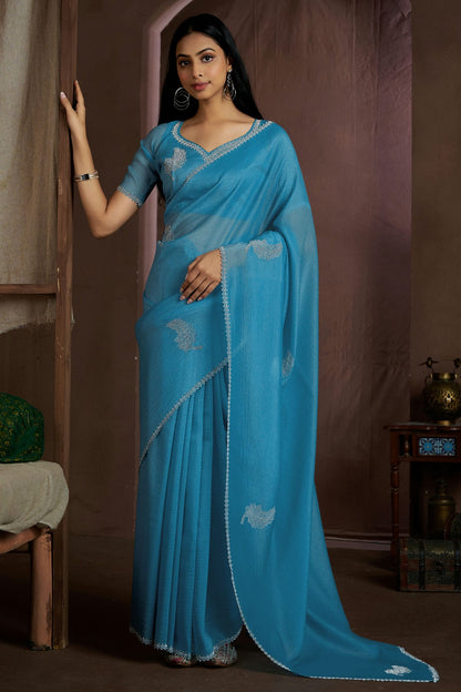 Sky Blue Colour Crush Silk Designer Saree