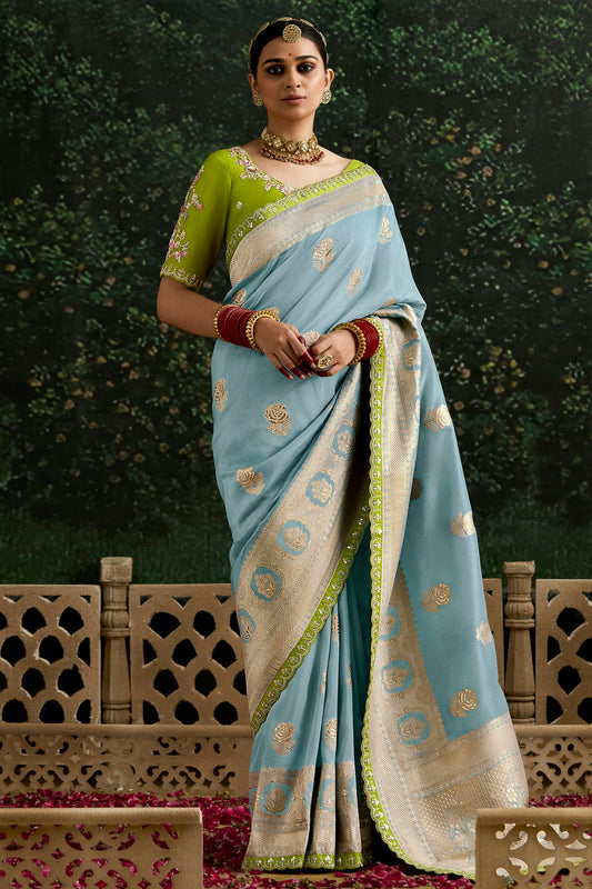 Sky Blue Colour Dola Silk Designer Saree