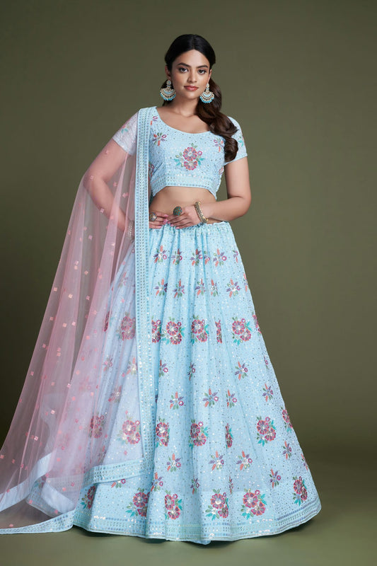 Sky Blue Colour Embroidery Georgette Lehenga Choli