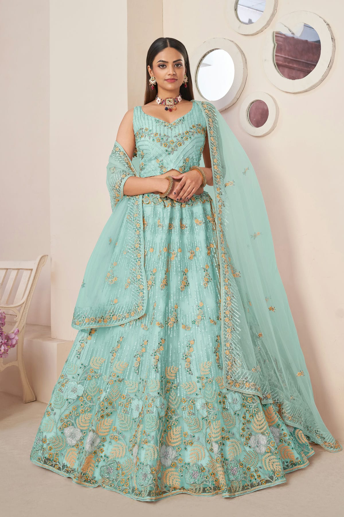 Sky Blue Colour Embroidery Net Lehenga Choli