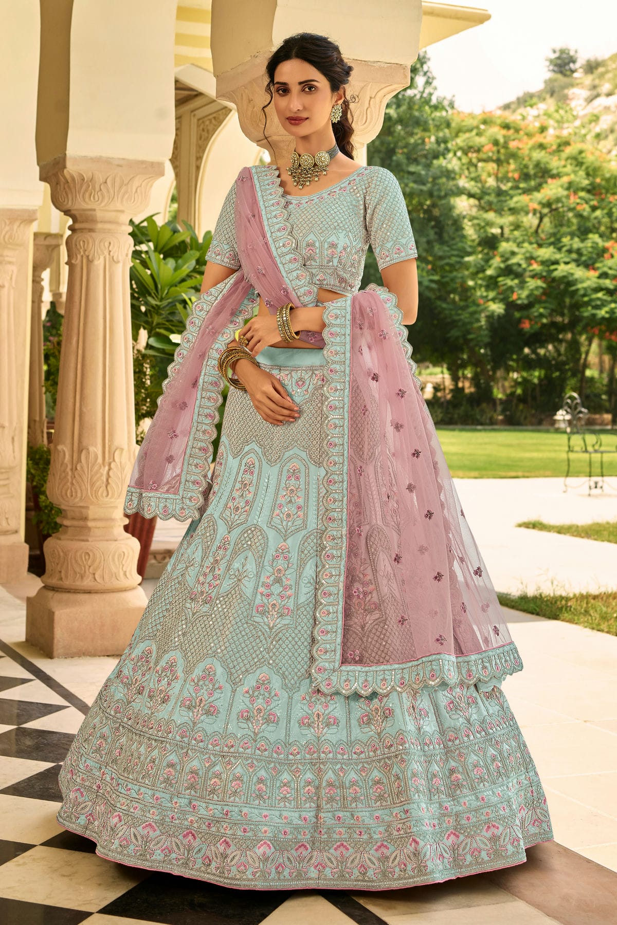 Sky Blue Colour Embroidery Organza Lehenga Choli