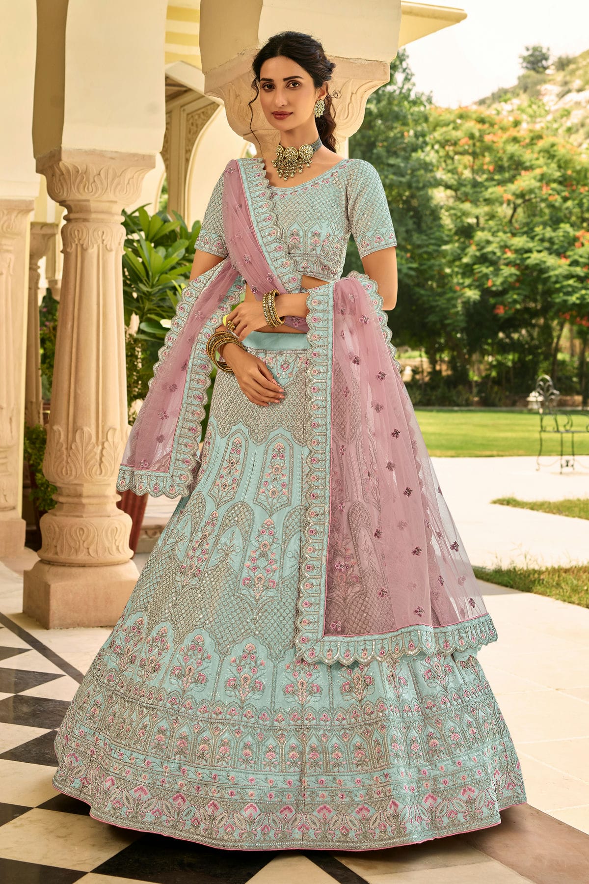 Sky Blue Colour Embroidery Organza Lehenga Choli