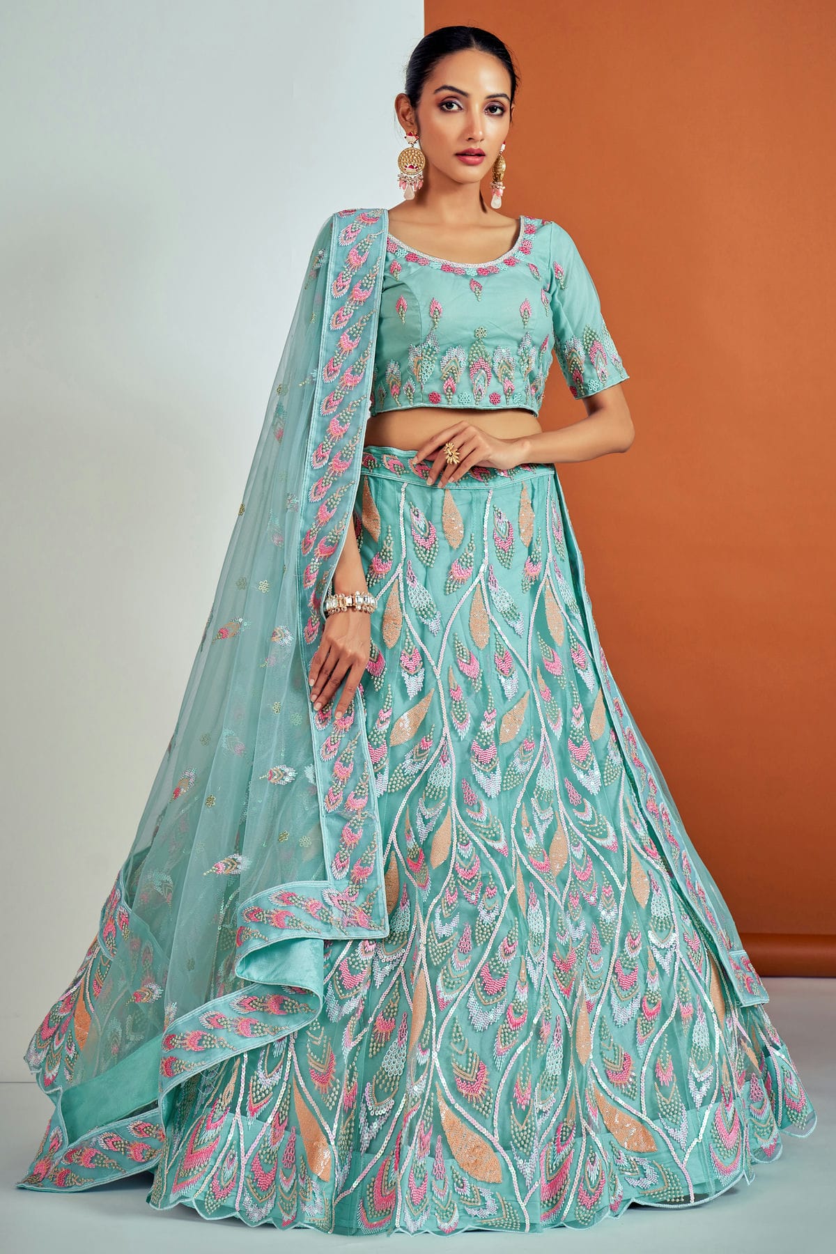 Sky Blue Colour Embroidery Soft Net Lehenga Choli