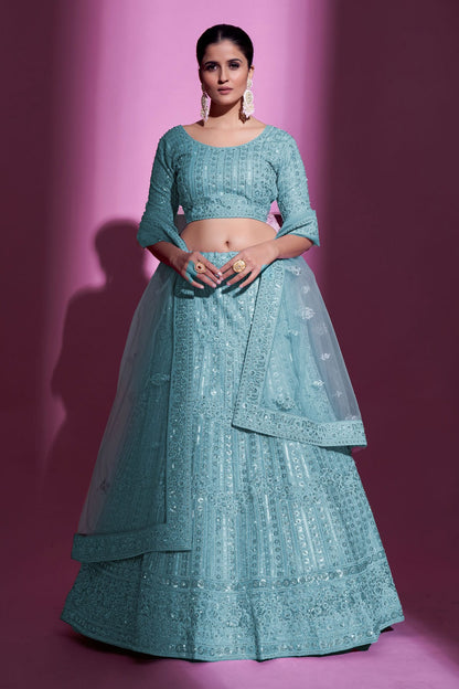 Sky Blue Colour Embroidery Soft Net Lehenga Choli