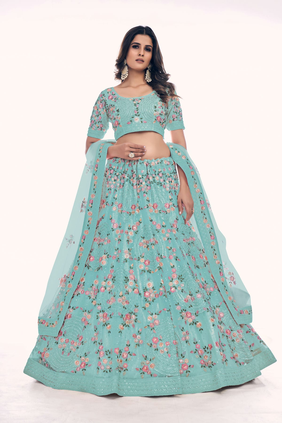 Sky Blue Colour Embroidery Soft Net Lehenga Choli