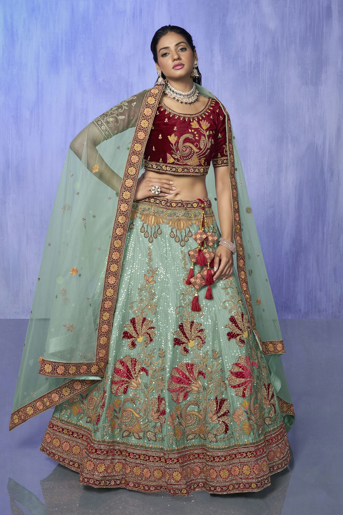 Sky Blue Colour Embroidery Velvet Lehenga Choli