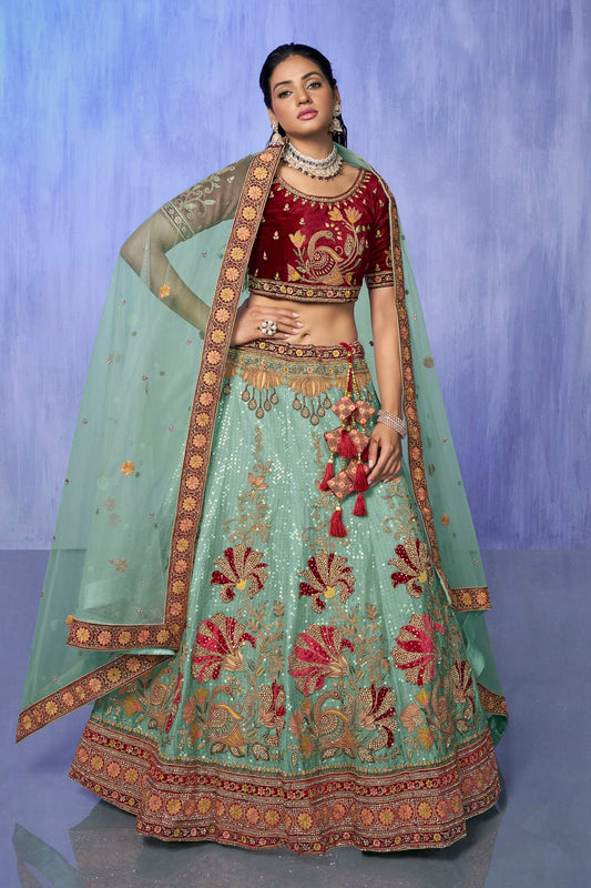 Sky Blue Colour Embroidery Velvet Lehenga Choli