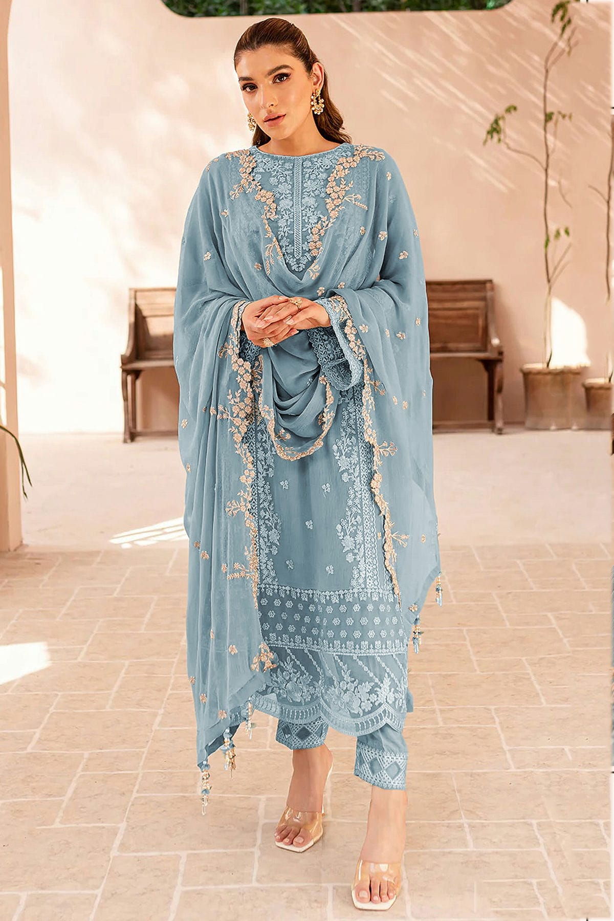 Sky Blue Colour Faux Georgette Semi Stitched Pakistani Suit