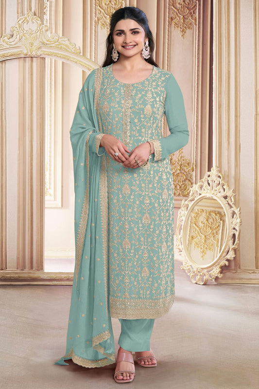 Sky Blue Colour Faux Georgette Semi Stitched Pant Style Suit