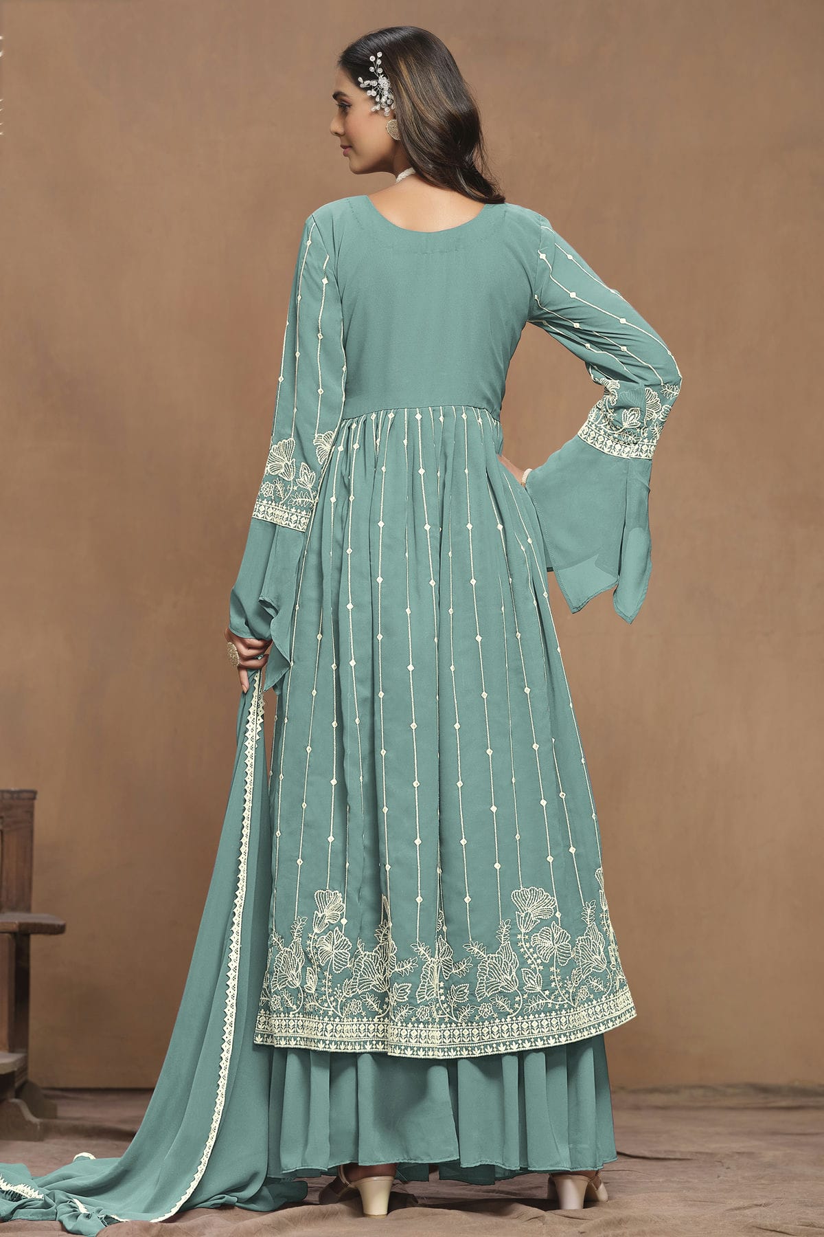 Sky Blue Colour Faux Georgette Semi Stitched Sharara Suit