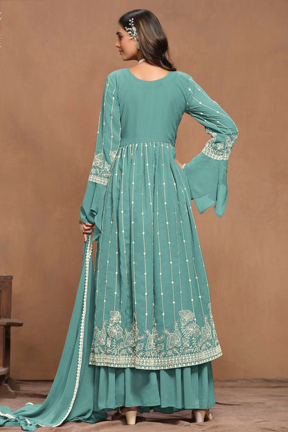 Sky Blue Colour Faux Georgette Semi Stitched Sharara Suit