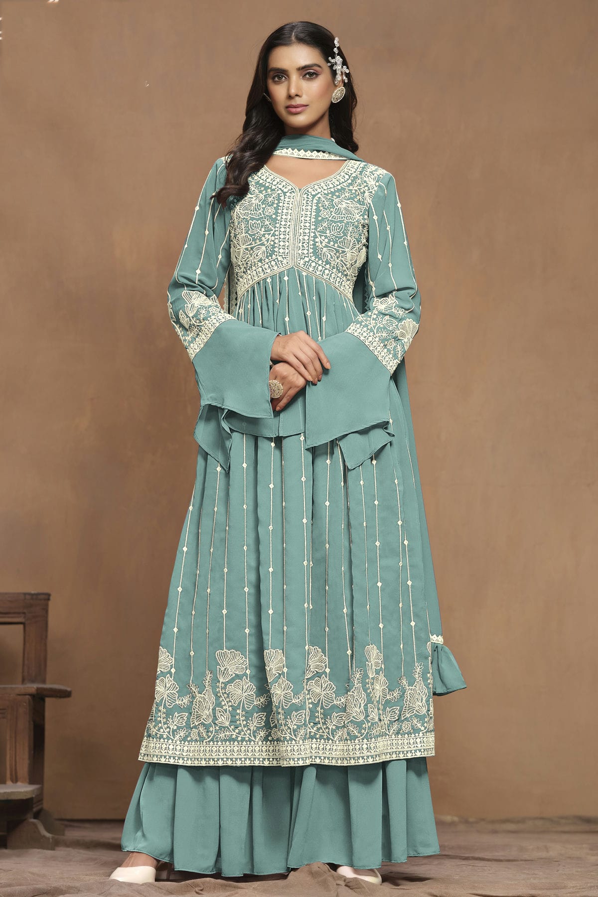 Sky Blue Colour Faux Georgette Semi Stitched Sharara Suit