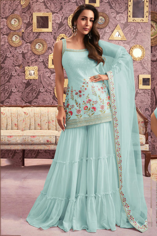 Sky Blue Colour Faux Georgette Semi Stitched Sharara Suit