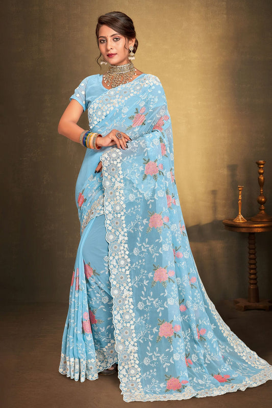 Sky Blue Colour Georgette Designer Saree