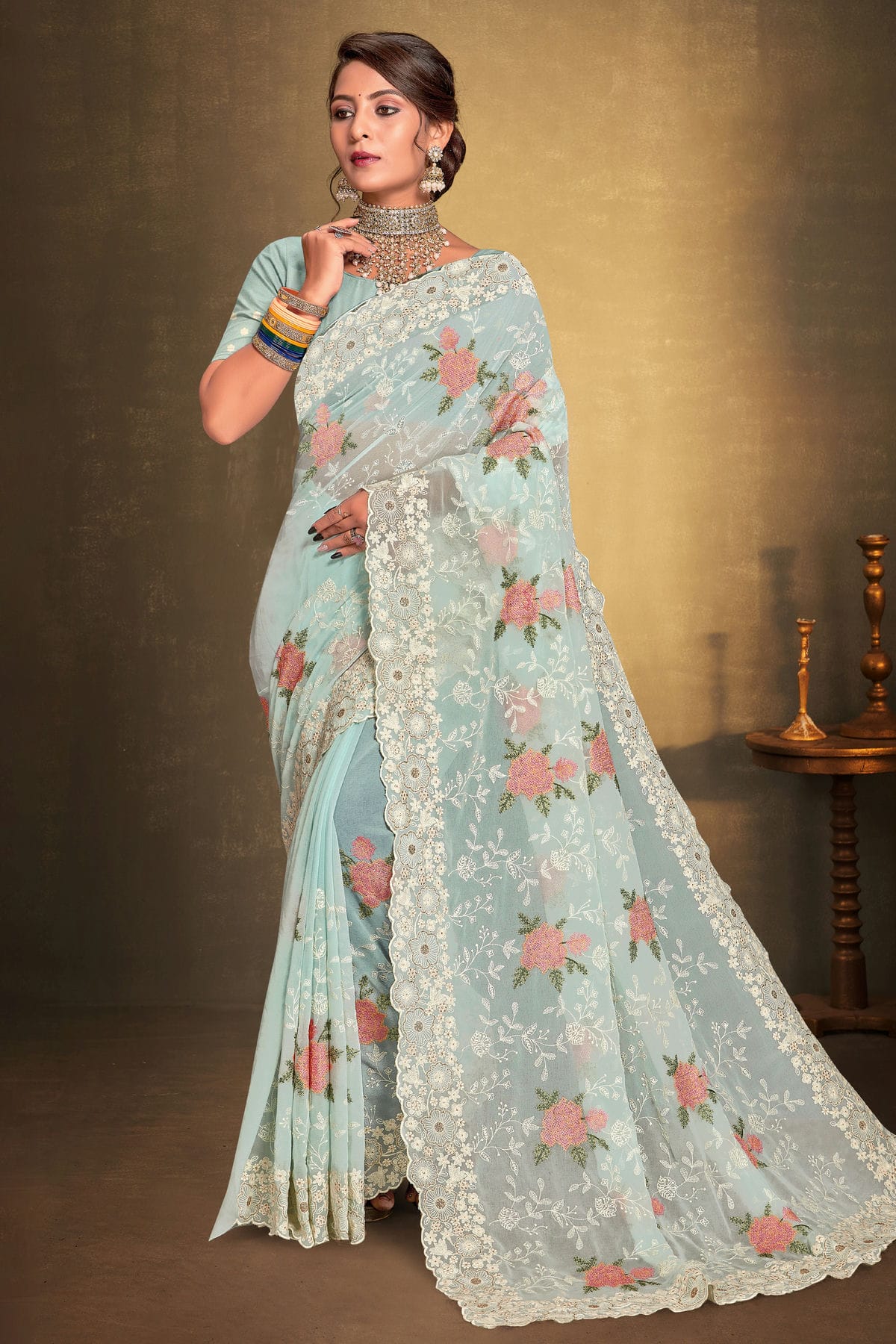 Sky Blue Colour Georgette Designer Saree