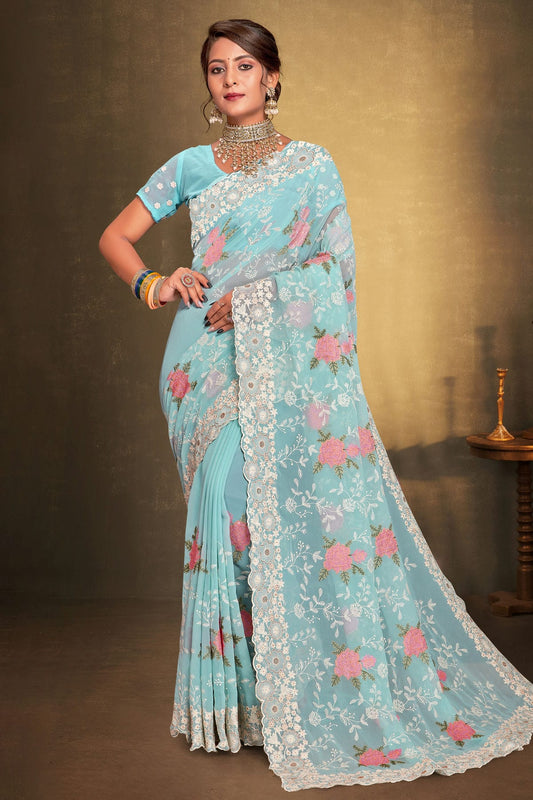 Sky Blue Colour Georgette Designer Saree