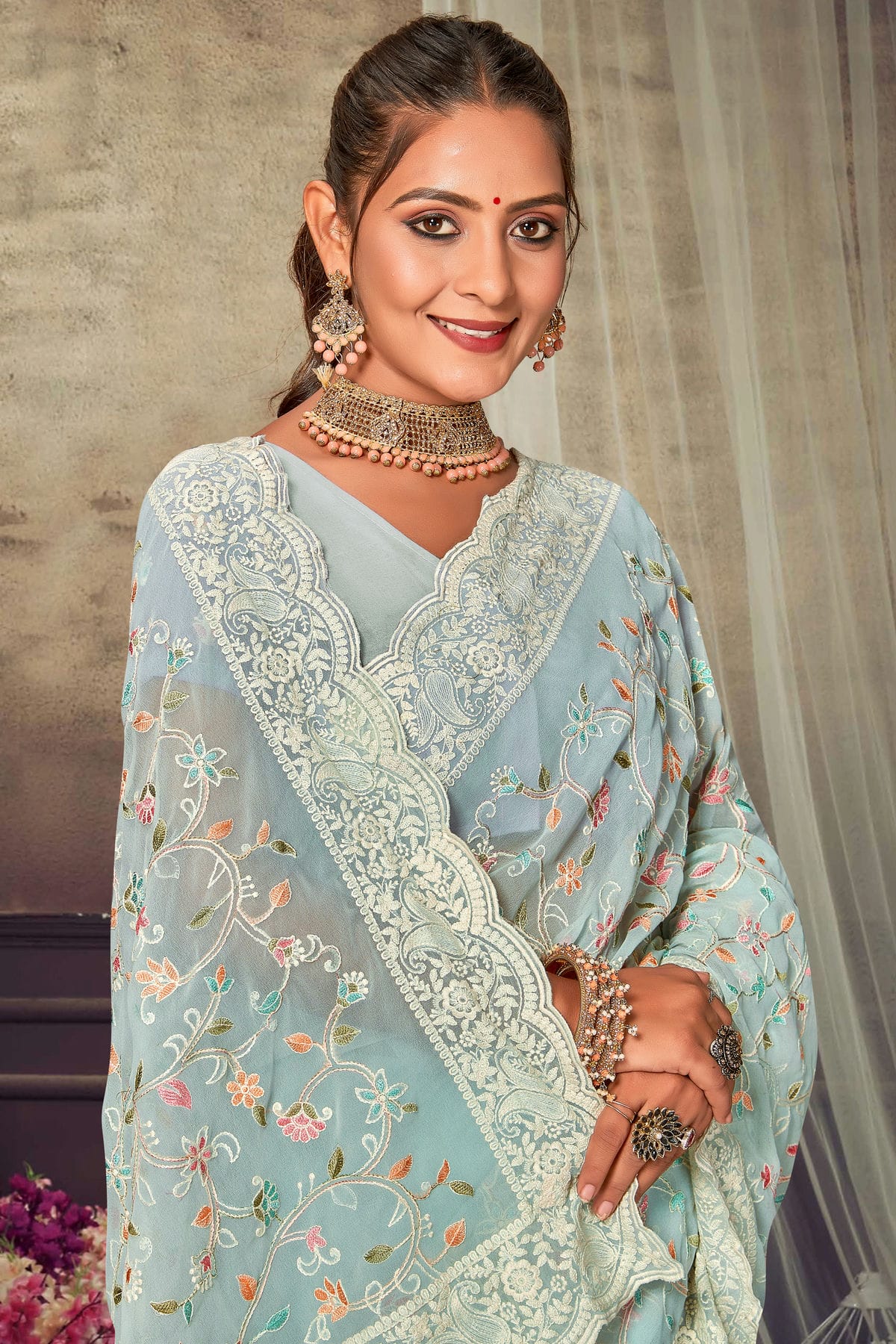 Sky Blue Colour Georgette Designer Saree