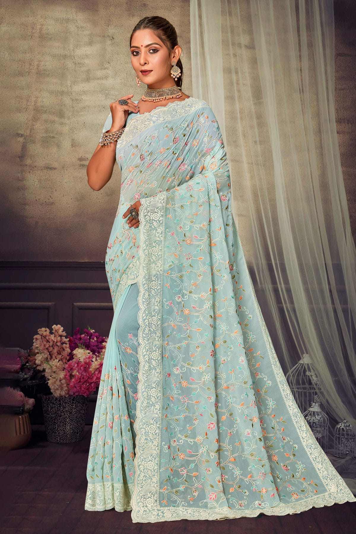 Sky Blue Colour Georgette Designer Saree