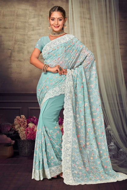 Sky Blue Colour Georgette Designer Saree