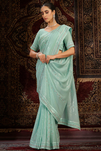 Sky Blue Colour Georgette Designer Saree