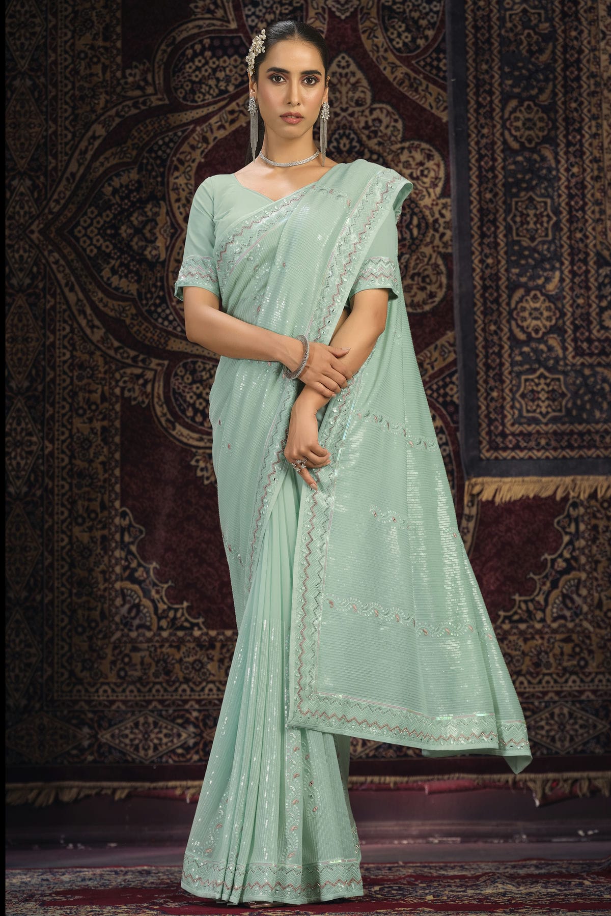 Sky Blue Colour Georgette Designer Saree