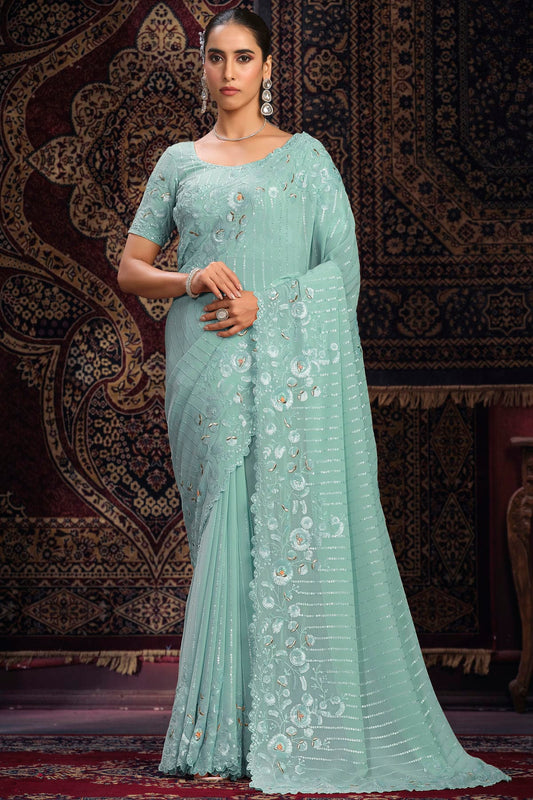 Sky Blue Colour Georgette Designer Saree