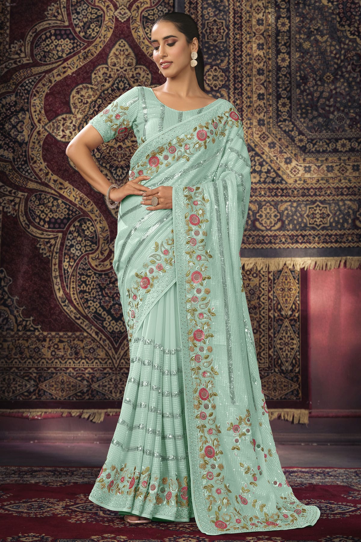 Sky Blue Colour Georgette Designer Saree