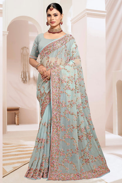 Sky Blue Colour Georgette Designer Saree