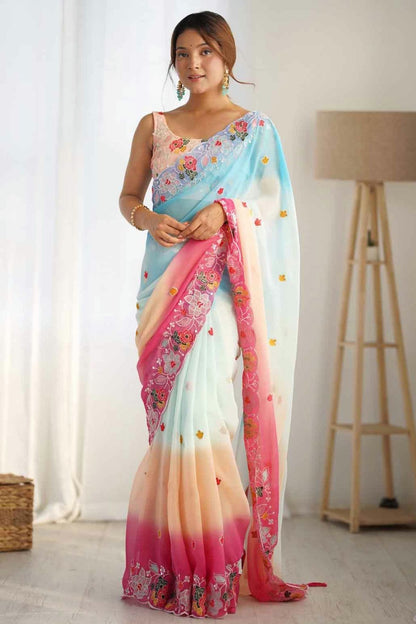 Sky Blue Colour Georgette Designer Saree