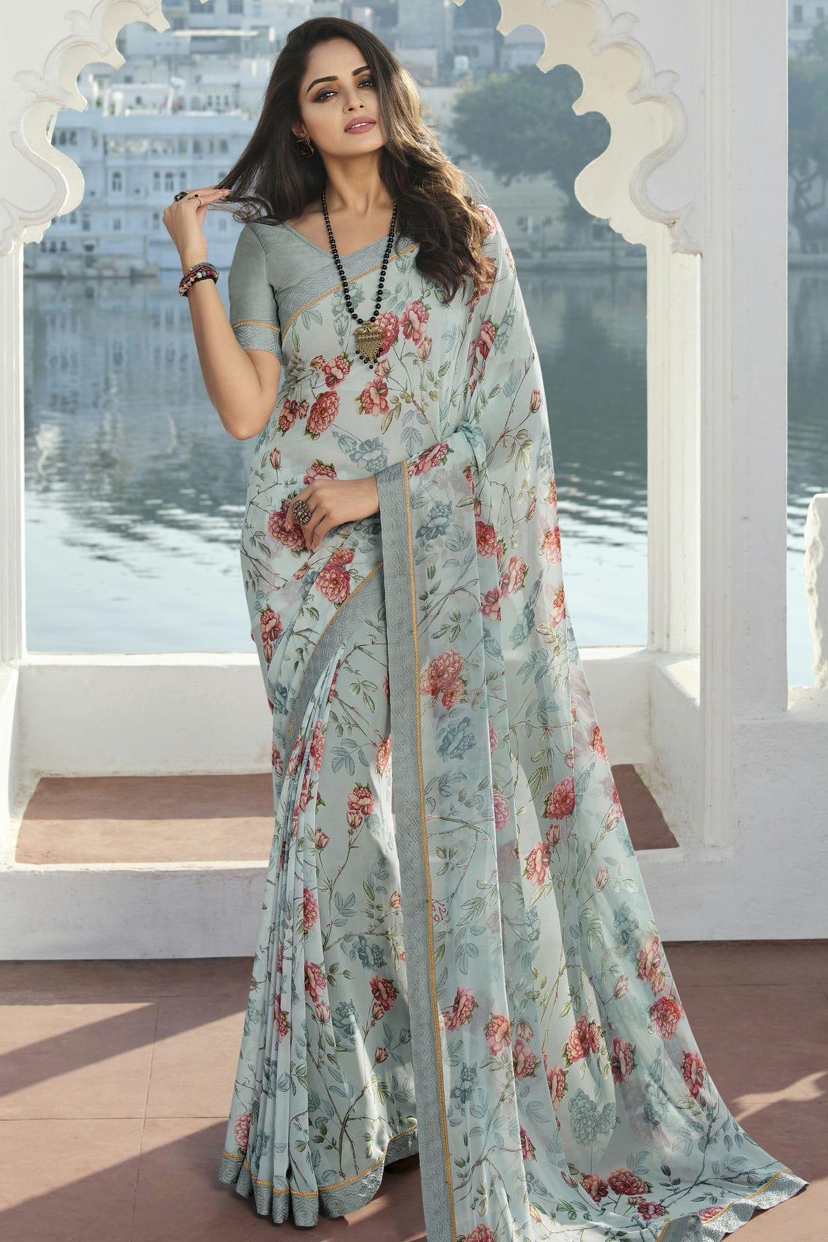 Sky Blue Colour Georgette Printed Saree