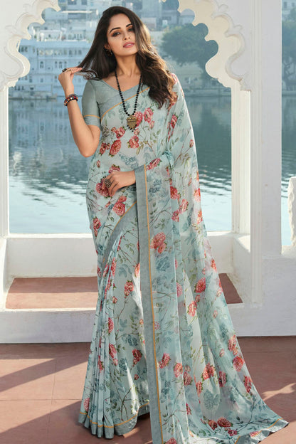 Sky Blue Colour Georgette Printed Saree