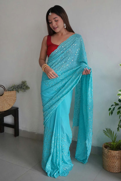 Sky Blue Colour Georgette Saree