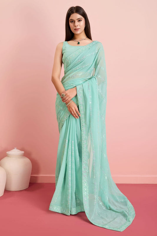 Sky Blue Colour Georgette Saree