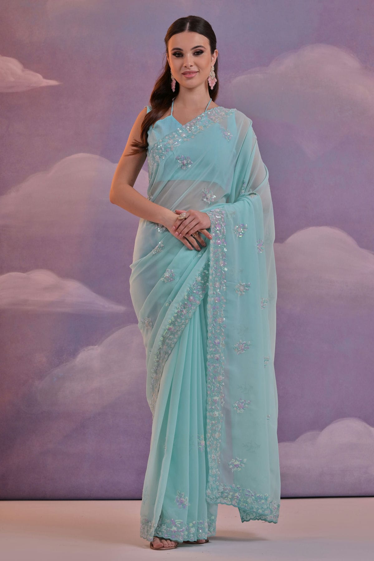 Sky Blue Colour Georgette Saree