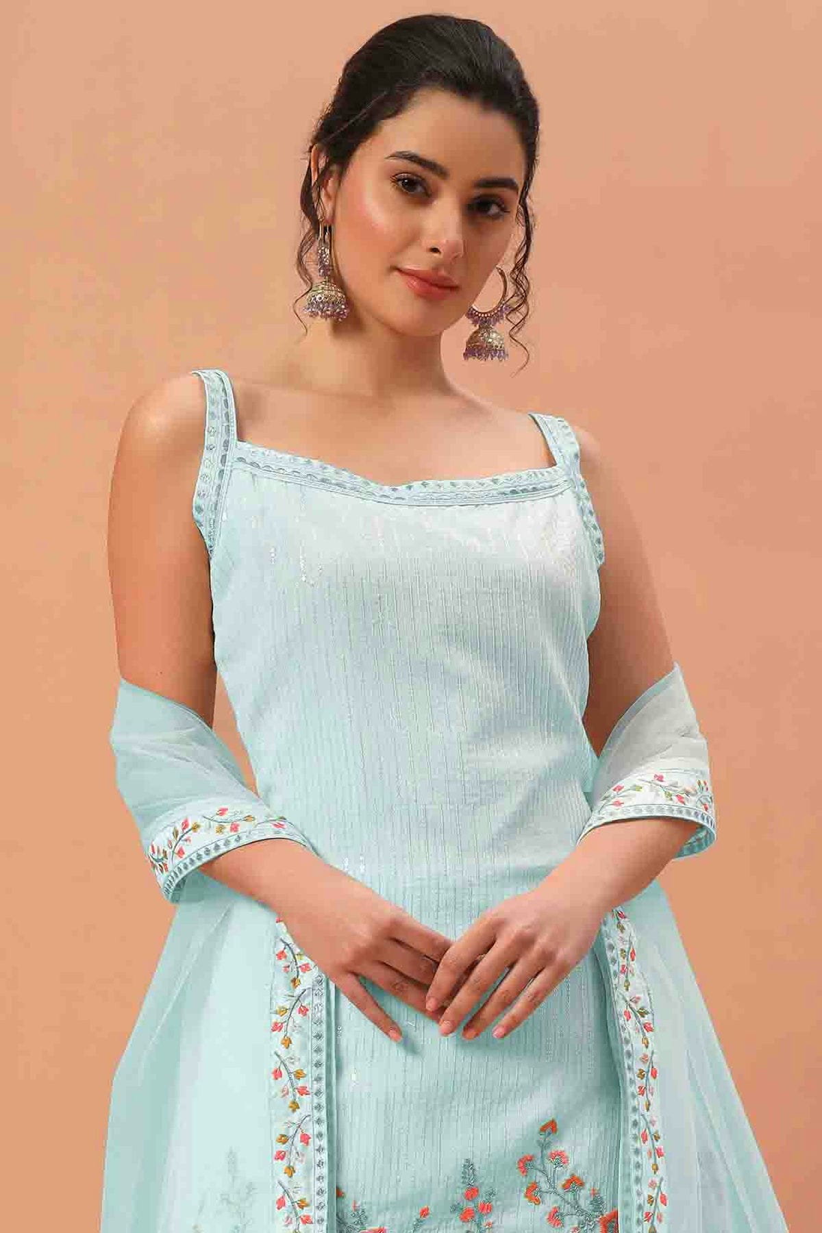 Sky Blue Colour Georgette Stitched Sharara Suit VSSS1140741