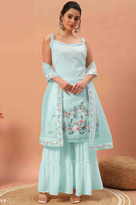 Sky Blue Colour Georgette Stitched Sharara Suit VSSS1140741