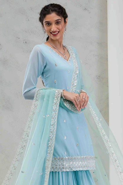 Sky Blue Colour Georgette Stitched Sharara Suit VSSS1140776