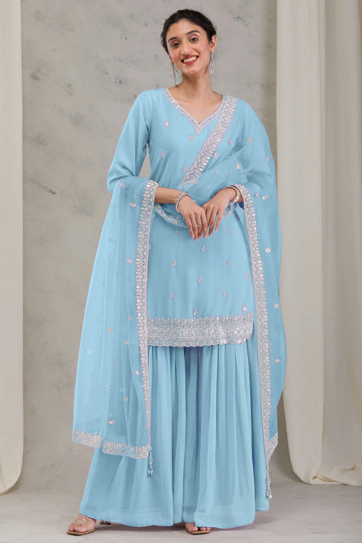 Sky Blue Colour Georgette Stitched Sharara Suit VSSS1140776