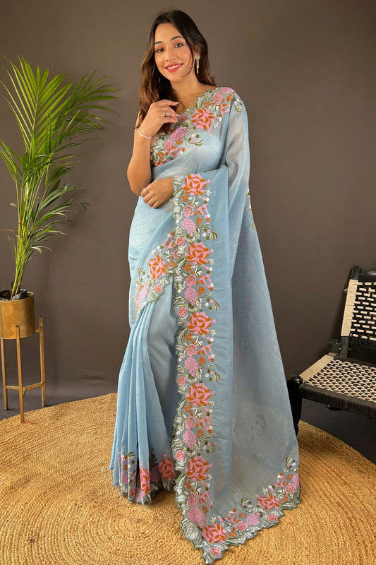 Sky Blue Colour Glossy Silk Designer Saree